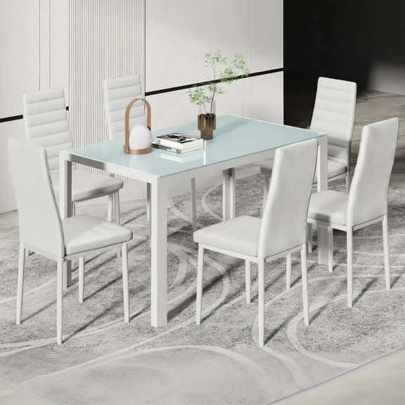 Dining Table Set for 6,Lofka DiningTable and Chairs for 6 with High Back Soft PU Chairs & Glass Kitchen Table for House,Apartment,Kitchen,Modern White