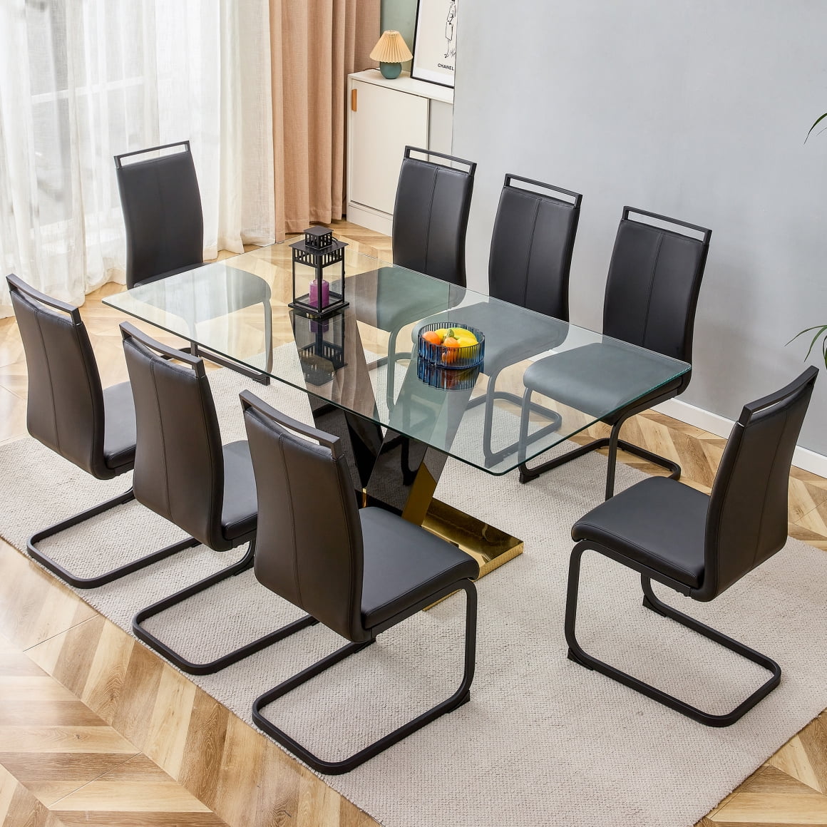 Dining Table Set for 8, Clear Tempered Glass Dining Table with V-shape ...