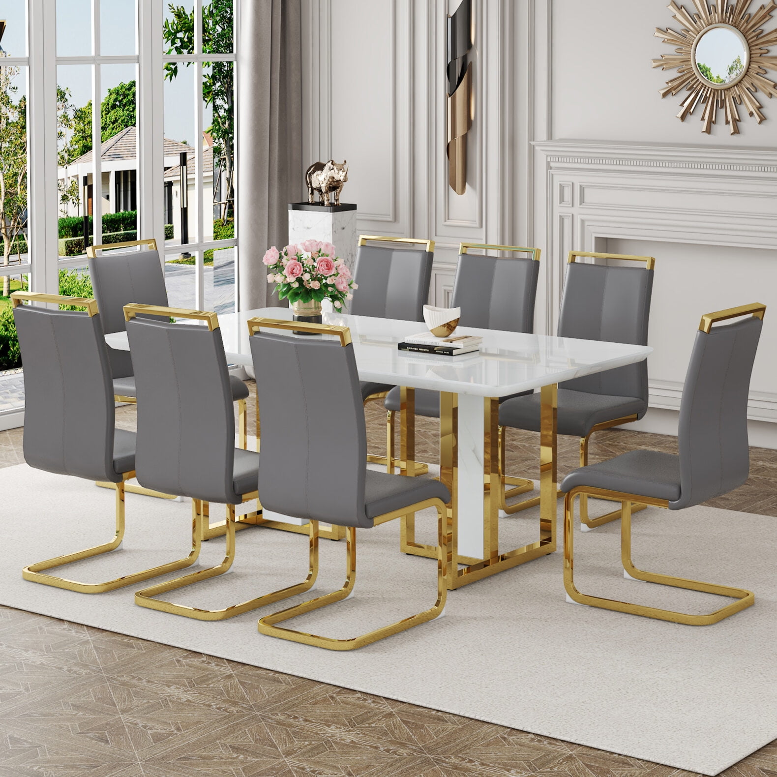 Dining Table Set for 8, Marble Pattern MDF Dining Table Set with 8 PU ...