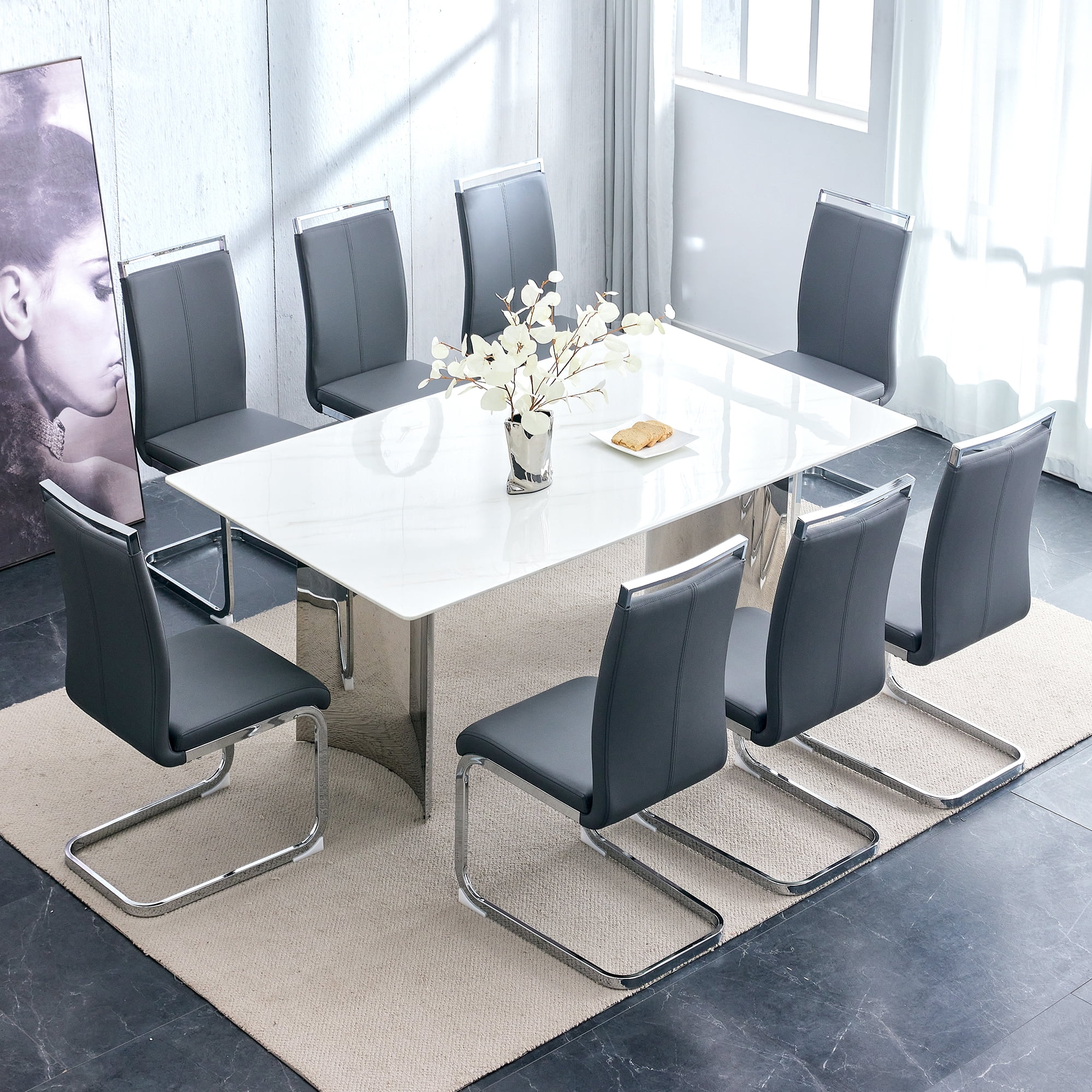 Dining Table Set for 8，Sudica 71" Faux Marble White Rectangular Dining ...