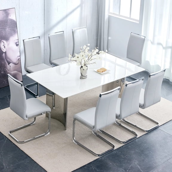 Dining Table Set for 8,Sudica 71" Faux Marble White Rectangular Dining Table and Upholstered PU Leather Dining Room Chairs for Kitchen,Light Gray