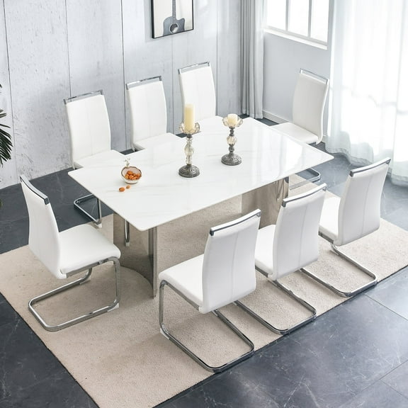 SUDICA 71" White Faux Marble Dining Table Set for 8, Rectangular Kitchen Table with Silver Metal Base and 8 White PU Leather Chairs