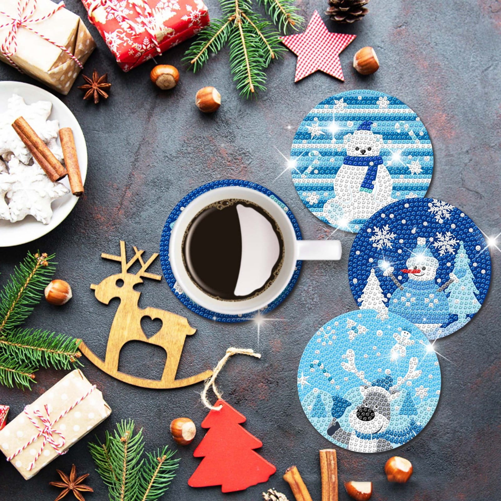 Dining Table Set round 4 Piece Glass Christmas Snowman Snowflake Santa Acrylic Cork Placemat DIY