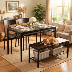 4 Piece Dining Table Set for Small Space, Kitchen Table with 2 Chairs and Bench, Space-Saving Dining Set for Apartment, Kitchen, Living Room, Black