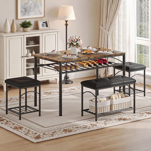 Dining Table Set with Bench and Stools, Metal Frame, Built-in Storage Rack, Apartment Furniture