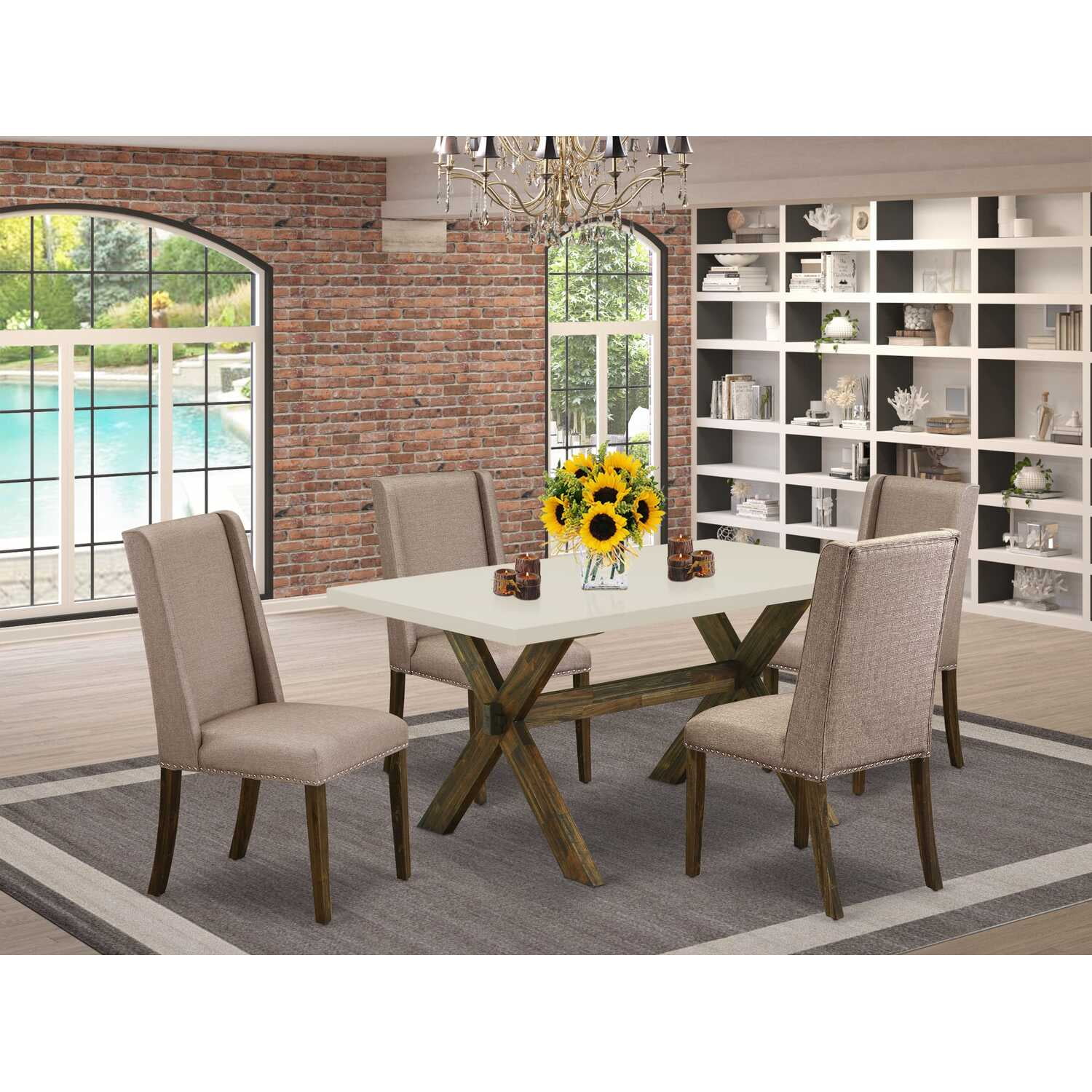 Linen White and Distressed Jacobean 5-Piece Dining Set with Dark Khaki Chairs