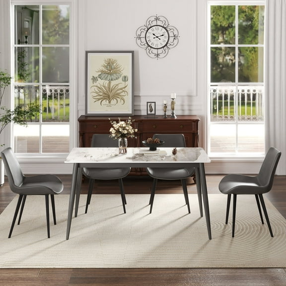 Dining Table Sets 55.12" Modern Artificial Stone White Pandora Straight Edge Dark Grey Metal Leg Dining Table-Can Accommodate 6 People(Dining Table Only),Modern Dining Tables