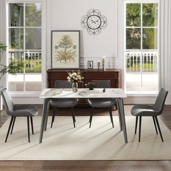 Dining Table Sets 55.12" Modern Artificial Stone White Pandora Straight Edge Dark Grey Metal Leg Dining Table-Can Accommodate 6 People(Dining Table Only),Modern Dining Tables
