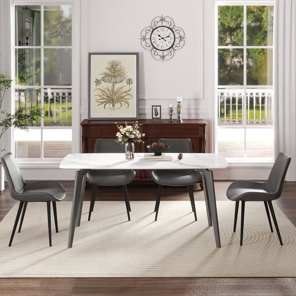 Dining Table Sets 62.99" Modern Artificial Stone White Curved Edge Dark Grey Metal Leg Dining Table-Can Accommodate 6 People(Dining Table Only),Modern Dining Tables
