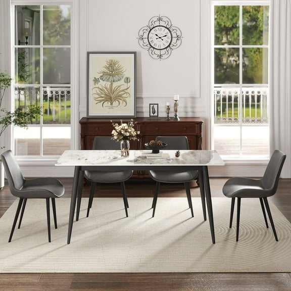 Dining Table Sets 62.99" Modern Artificial Stone White Pandora Straight Edge Black Metal Leg Dining Table-Can Accommodate 6 People(Dining Table Only),Modern Dining Tables