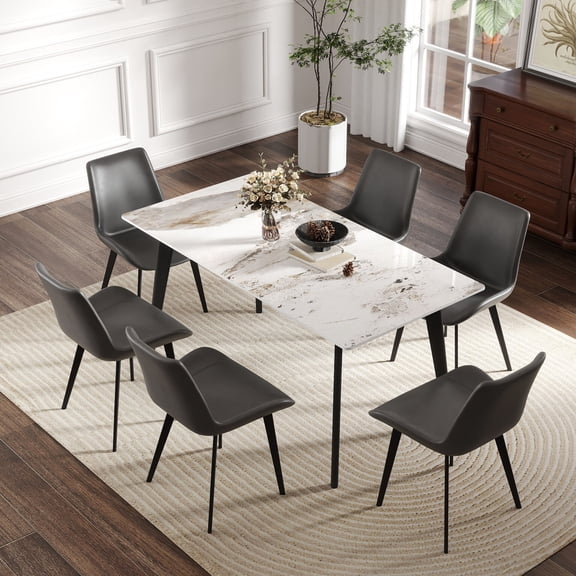 Dining Table Sets 62.99" Modern Artificial Stone White Pandora Straight Edge Black Metal Leg Dining Table-Can Accommodate 6 People(Dining Table Only),Modern Dining Tables