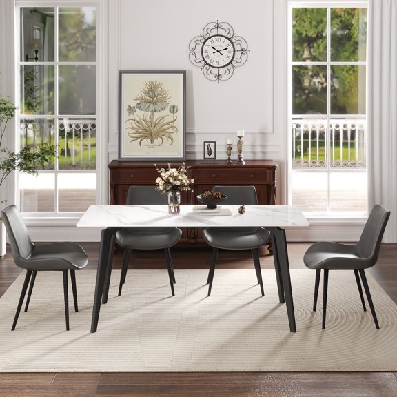 Dining Table Sets 62.99" Modern Artificial Stone White Straight Edge Black Metal Leg Dining Table-Can Accommodate 6 People(Dining Table Only),Modern Dining Tables