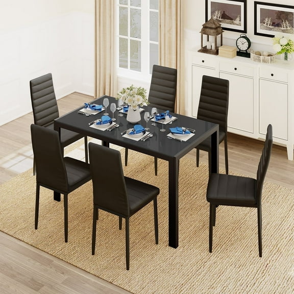 Aiho Dining Table Sets with PU Leather Chairs for 6 - Black
