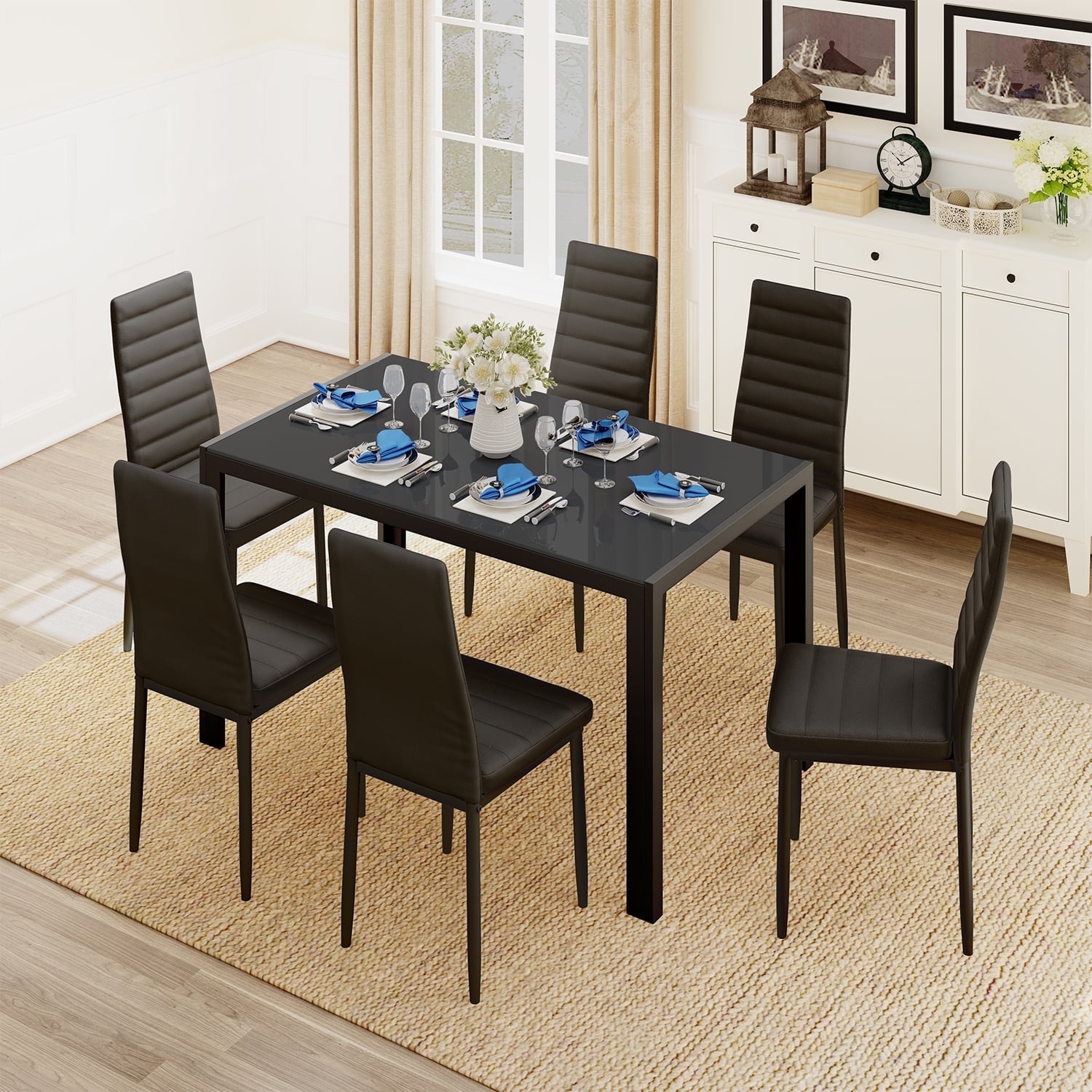 Cozy-Home 7-Piece Modern Dining Set – 63-Inch Oval Table & 6 PU Armless Chairs – Cream/Black