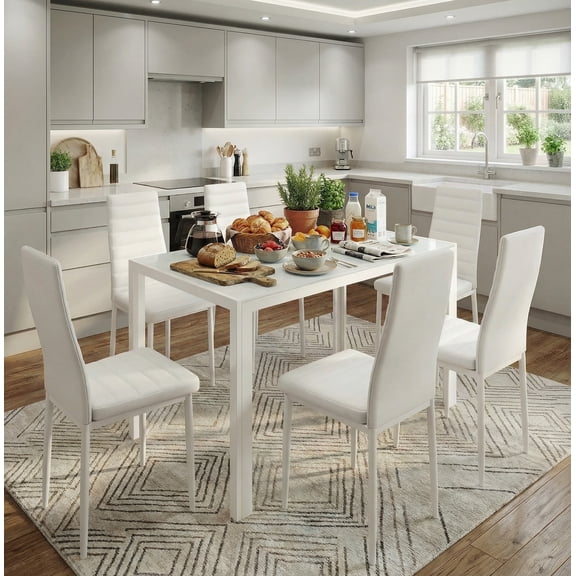 Dining Table Sets Clearance with PU Leather Chairs for 6 - White