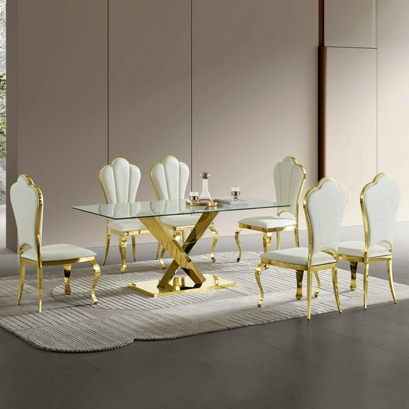 Dining Table Sets Gold stainless steel dining table 70.08 inch clear tempered glass top,Modern Dining Tables