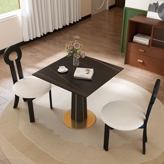 Dining Table Sets Modern Square Negotiation Table - 85cm Black Sintered Stone Top, Black Wooden Legs with Golden Metal Base(Only the Negotiation Table),Modern Dining Tables