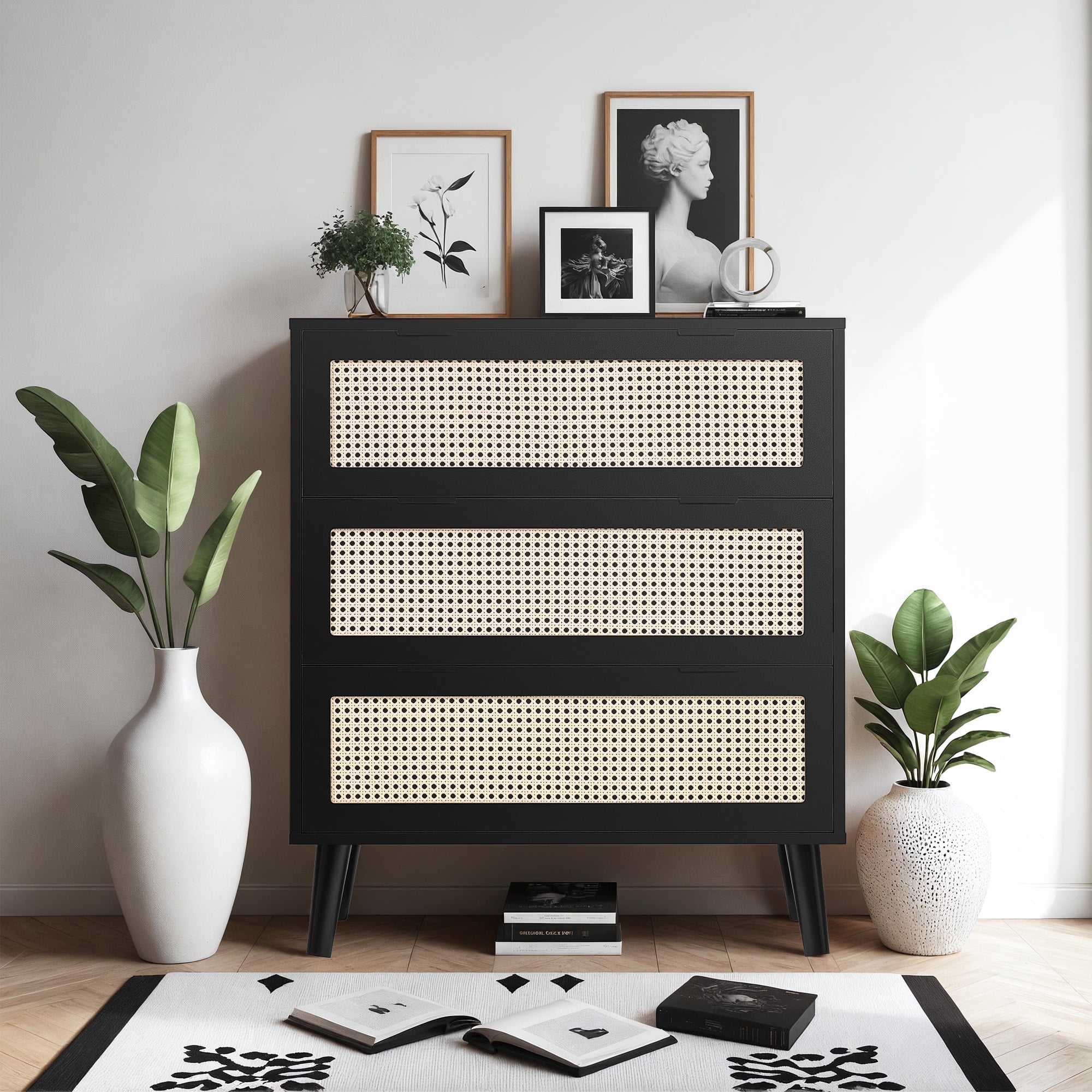 Black Farmhouse Rattan 3-Drawer Dresser with Metal Handles