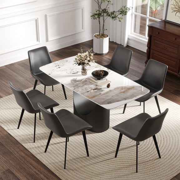 Dining Table, Sintered Stone Rectangular Table with Curved Black Iron Metal Legs, Marble White Finish, 63"L x 31.5"W x 29.5"H, Seats 6-8 People for Modern Dining Room Use