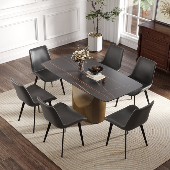 Dining Table, Sintered Stone Rectangular Tabletop with Curved Bronze Iron Metal Legs, 63" L x 31.5" W x 29.5" H, Black and Antique Brass Finish, Seats 6-8 People for Dining Room