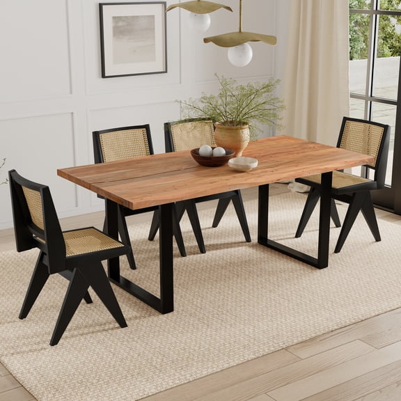 Dining Table, Solid Acacia Wood with Live Edge and Butterfly Joints, Industrial Modern Style, 72 x 36 Inches, Natural Finish with Black U-Shaped Metal Legs for Kitchen or Dining Room