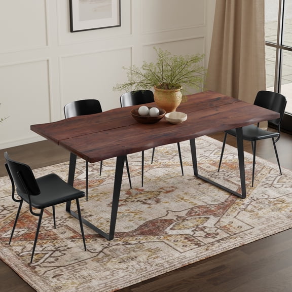 Dining Table, Solid Acacia Wood with Live Edge, Modern Industrial Rectangular Kitchen Table with Black U-Shaped Metal Legs, Dark Walnut Finish, 72 x 36 Inches, Seats 6 People