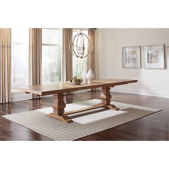 Dining Table, Solid Pine Wood Extension Table with Double Pedestal Trestle Base, Two Removable Leaves, Rustic Honey Finish, Rectangular Farmhouse Style for Dining Room, 30.25"H x 94"L