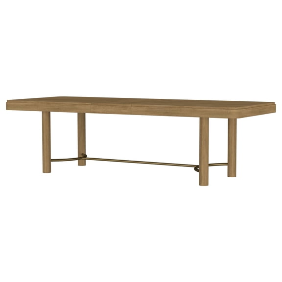 Dining Table, Solid Rubberwood and Ash Veneer with Removable 18-inch Leaf, Sand Wash Finish, Antique Brass Trestle Base, Rectangular 86" L x 42" W x 30" H for Coastal Dining Room