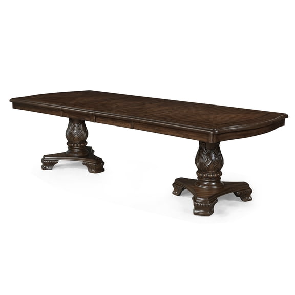 Dining Table, Solid Wood Rectangular Traditional Style with Double Pedestal Base, 18" Extendable Leaf, Rich Dark Coffee Brown Finish, 44"D x 72"-108"W x 30"H for Dining Room, Seats 8