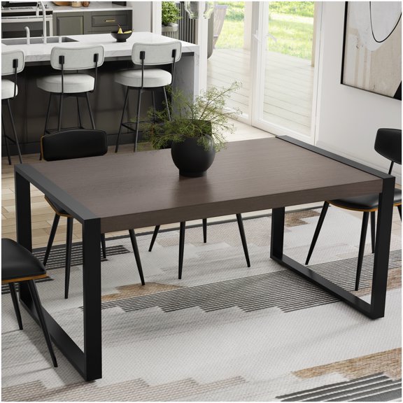 Dining Table Solid Wood Smoke Grey Finish Modern Industrial Style Iron Legs for Home Dining Spaces