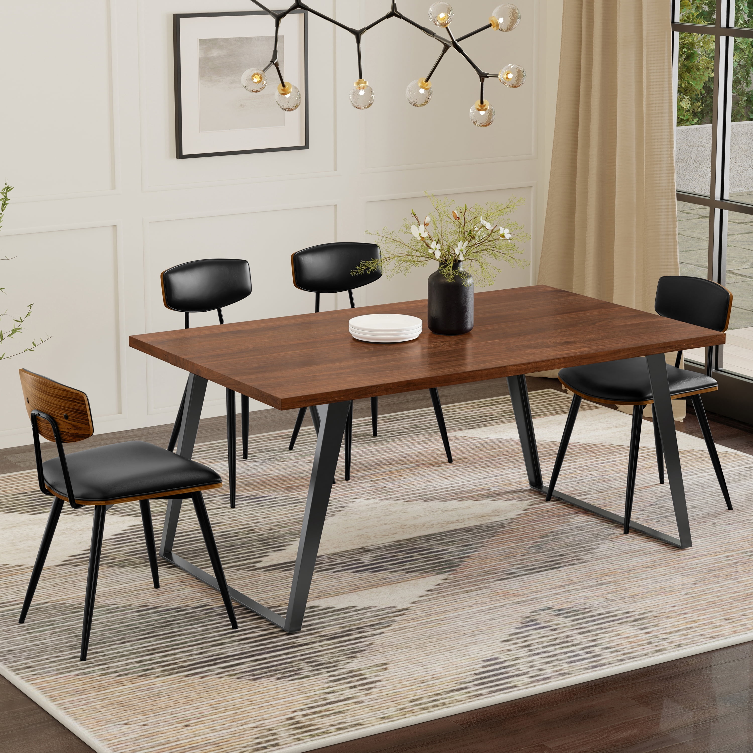 Dining Table, Solid Wood Walnut Veneer and Graphite Grey Iron Metal ...