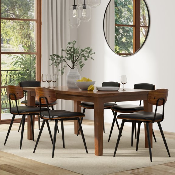 Dining Table, Solid Wood Walnut Veneer Rectangular Kitchen Table for 6 People, 66 x 40 Inches, Handcrafted Contemporary Design with Protective Lacquer Finish for Dining Room or Office