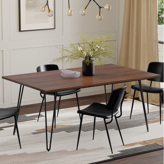 Dining Table, Solid Wood Walnut Veneer Rectangular Tabletop with Black Metal Hairpin Legs, 66 x 40 Inches, Brown Industrial Style Kitchen Table for 6 People, Home Office Use