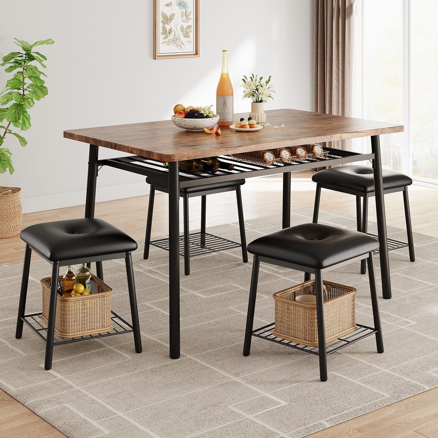 Dining Table Stool Set for 4, Rectangular Kitchen Table with Storage ...