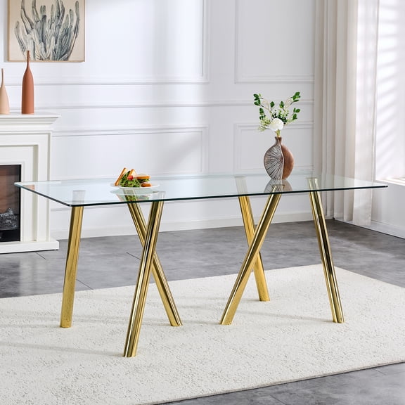 Dining Table with Tempered Glass Top, Transparent Modern Kitchen Table with Electroplated Metal Legs, Heat Resistant and Stable Heavy Duty Dining Furniture for Dining Room
