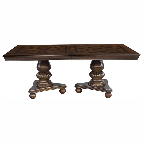 Dining Table, Traditional Wood with Brown Cherry Finish, Double Pedestal Base and Separate Extension Leaf, Seats 8, 47.75" x 79"-103" x 30.5"H, for Traditional Dining Room