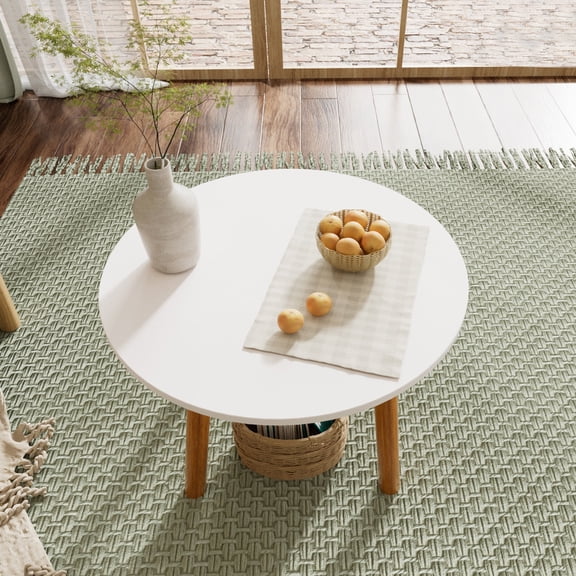 WETLA Dining Table White Modern Round Table with Wood Legs for Kitchen Living Room Leisure Coffee Table