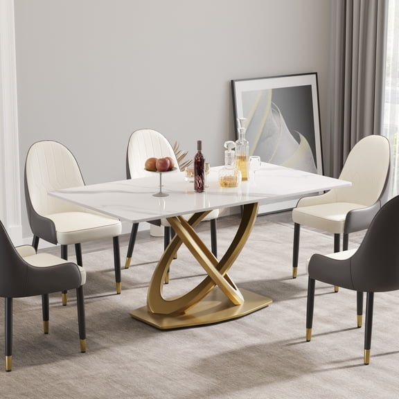 Dining Table, White Sintered Stone Rectangular Top with Golden Stainless Steel Double Ring Legs, 63" L x 35.43" W x 29.53" H, Seating for 6-8 People, Modern Kitchen and Dining Room
