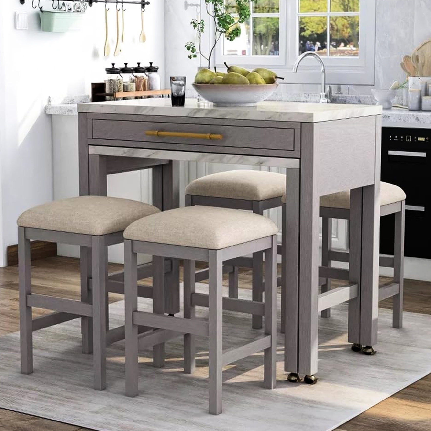 Dining Table and 4 Stools Set / Rectangular Shape, Wood Veneer, Storage ...