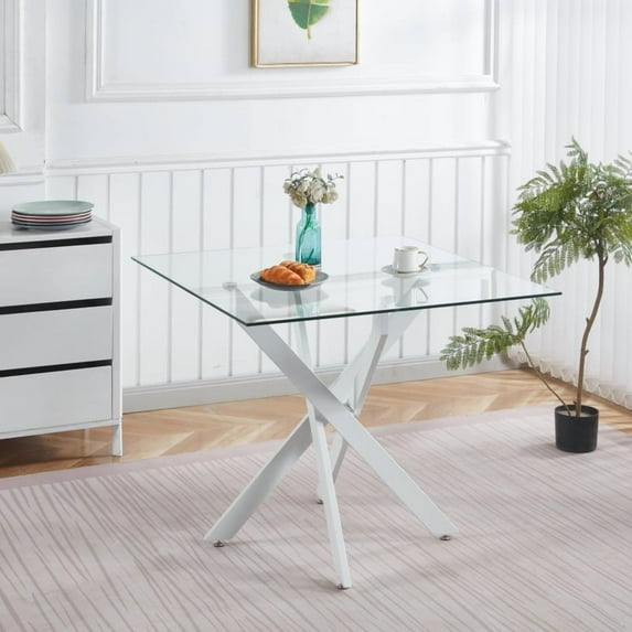 Dining Table with cross metal leg and tempered glass,Modern Space Saving Kitchen Table for Living Room,chrome legs,Square table,golden legs,90x90x75cm