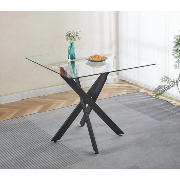 Dining Table featuring cross metal legs and tempered glass, Modern Space-Saving for Living Room with Black Legs and 90x90x75cm Size