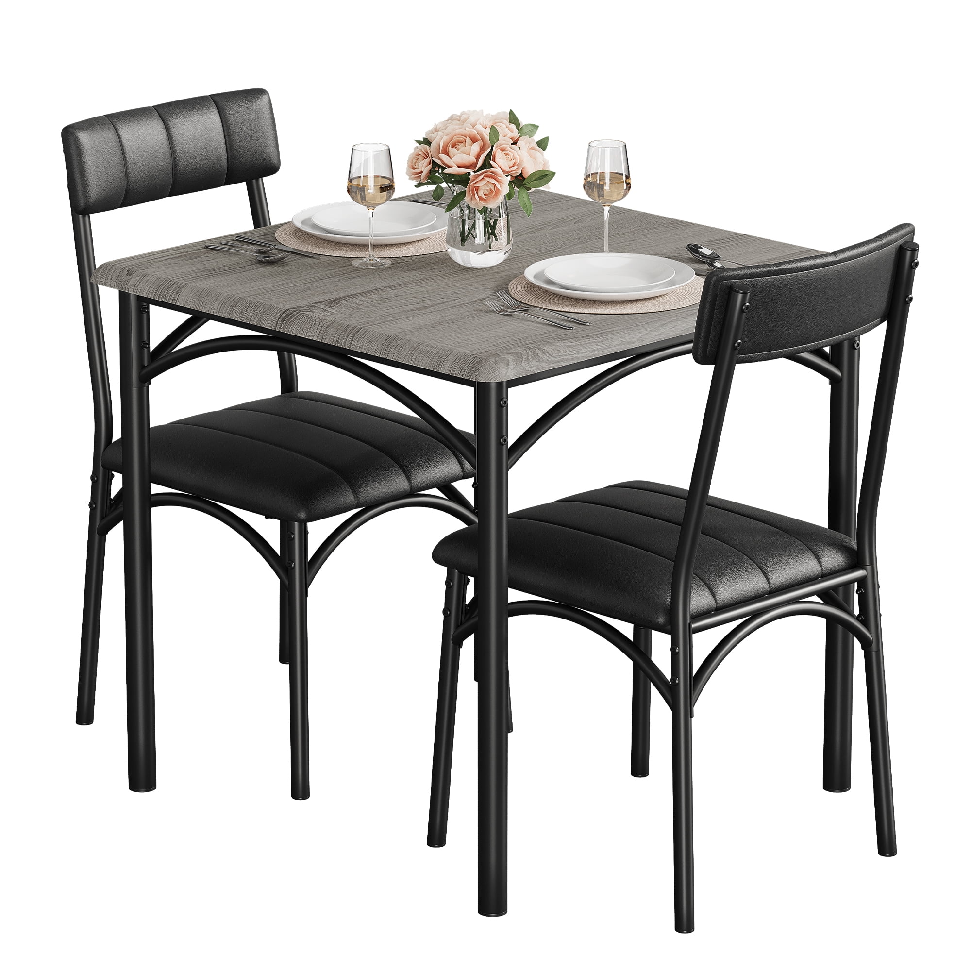 Dining Table for 2 People Square Dining Room Table Set with 2 Upholstered Chairs for Small Space Grey