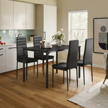 Asofer Dining Table Set for 4, Kitchen Table Set with 1 Table & 4 Leather Cushion for Kitchen, Small Spaces, Black