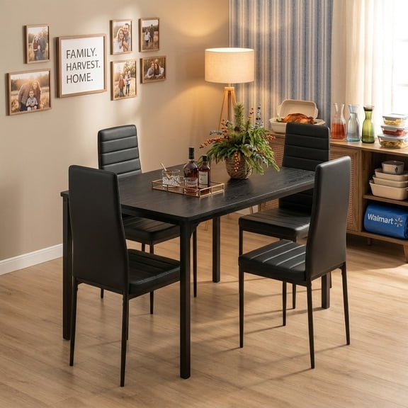 Asofer 5-Piece Dining Table Set for 4,PU LeatherUpholstered Kitchen Table & Chairs,Compact Small Space Dinette for Apartment & Dining Room,Black