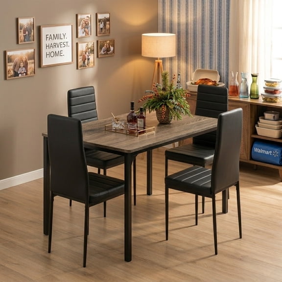 Asofer 5-Piece Dining Table Set for 4,PU LeatherUpholstered Kitchen Table & Chairs,Compact Small Space Dinette for Apartment & Dining Room,Gray