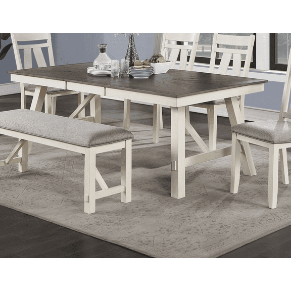 Dining Table for 4 - White Finish w Gray Wooden Top & Leaf, Space-Saving Rectangular Design