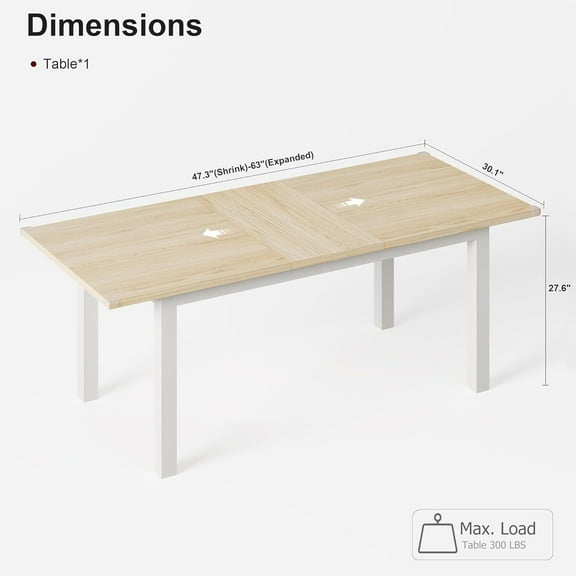Dining Table for 6,63"Large Extendable Dining Room Table for 6,Kitchen Table with Metal Frame & MDF Board - Natural Wood(Only Table)