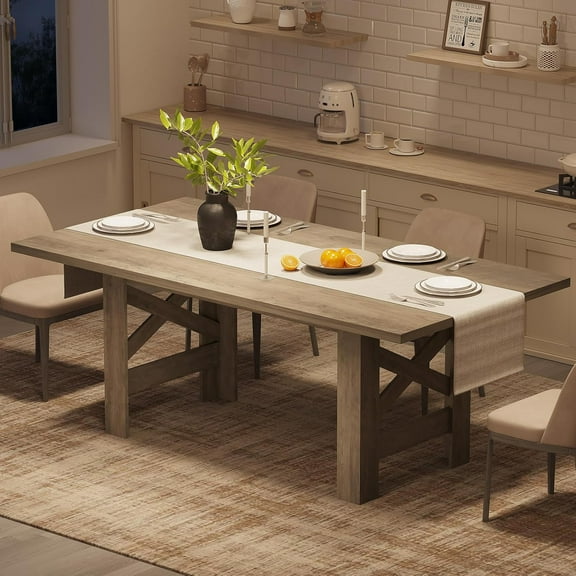 Dining Table for 6-8, Long Wooden Kitchen Table with Sturdy Triangular Legs, Thick Frame, Extra-Thick Base, for Apartment, Party