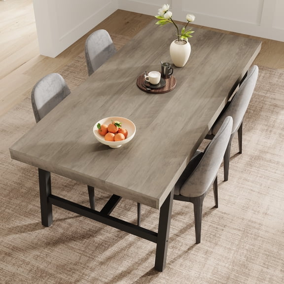 Dining Table for 6-8 People, Rustic Wood Top with Black Metal Frame, Heavy Duty Farmhouse Table for Kitchen, Living Room,Gray