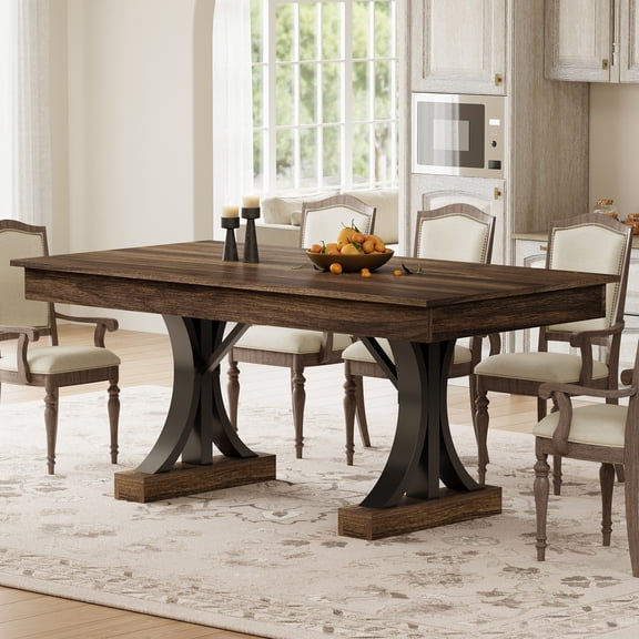 Dining Table for 6-8 with 2 Drawers – 71-Inch Industrial Wooden Kitchen Table, Large Tabletop, Sturdy Frame, Double Pedestal for Dinner